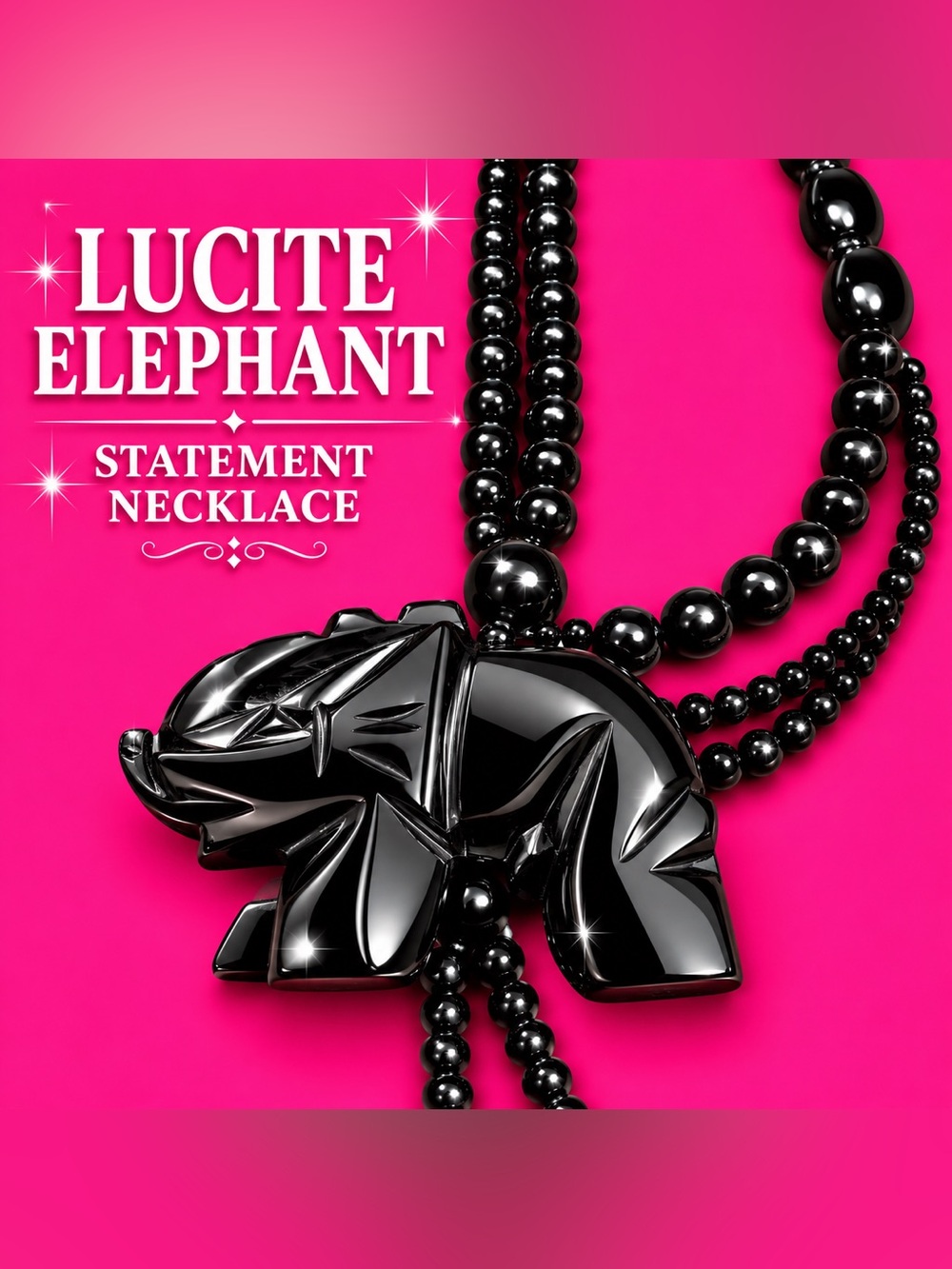 Vintage Black Lucite Elephant Pendant Necklace Beaded Statement Necklace